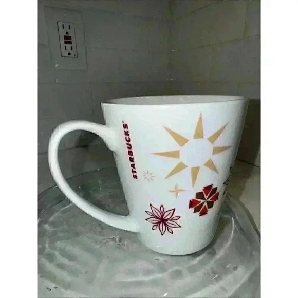 Starbucks Coffee Mug 2013 Holiday Poinsettia + Snowflakes Abstract 11oz cup 4" - Picture 4 of 10